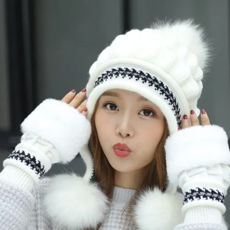 

Girls Thicken Snow Ski New Winter Fashion Fur Pom Poms Women Hot Woman Hat Hat Gloves + Hat Set beanie bonnet femme