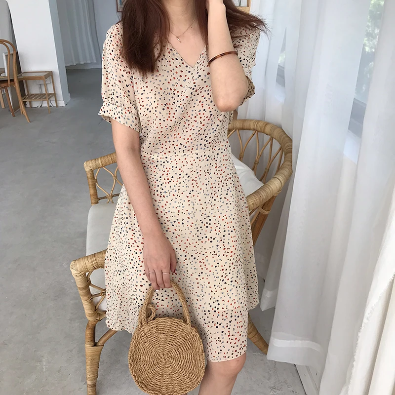 PERHAPS U red apricot polka dot v neck puff sleeve short a line dress mini beach vocation D1311 | Женская одежда