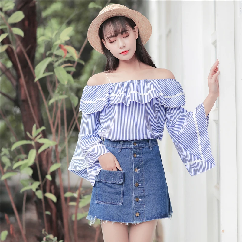 DOSOMA Женские Летние Топы Девушки Свободные Повседневная С Плеча Slash Шеи Полосатый