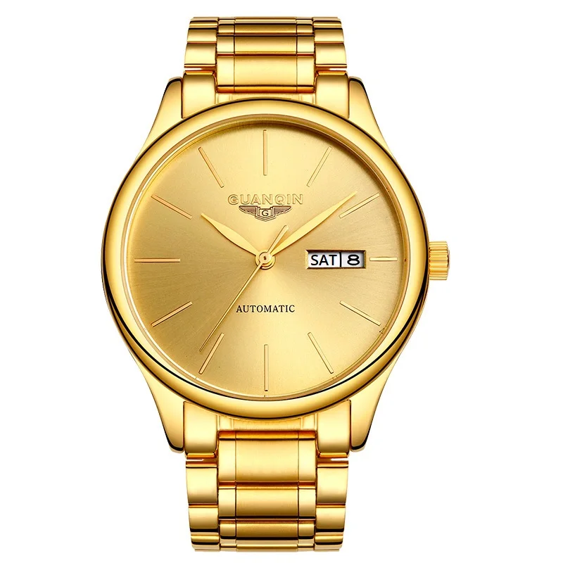 

Часы наручные GuanQin Мужские механические, роскошные золотистые брендовые автоматические, с календарем и неделей, с сапфировым стеклом