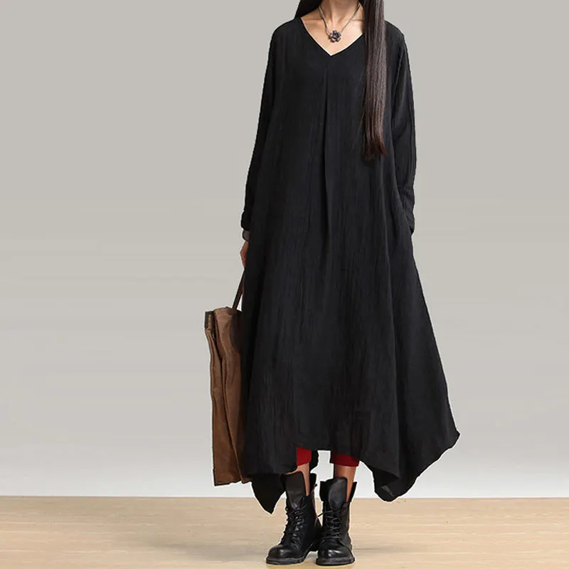 Асимметричное платье из хлопка и льна однотонное черное с длинным рукавом модель