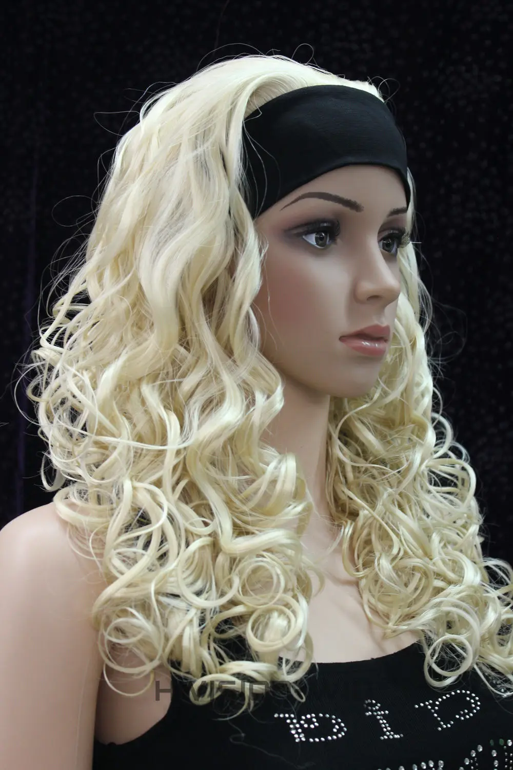 Excellent Pale Blonde Long Curls women Daily 3/4 half wig headband PTLG050 |