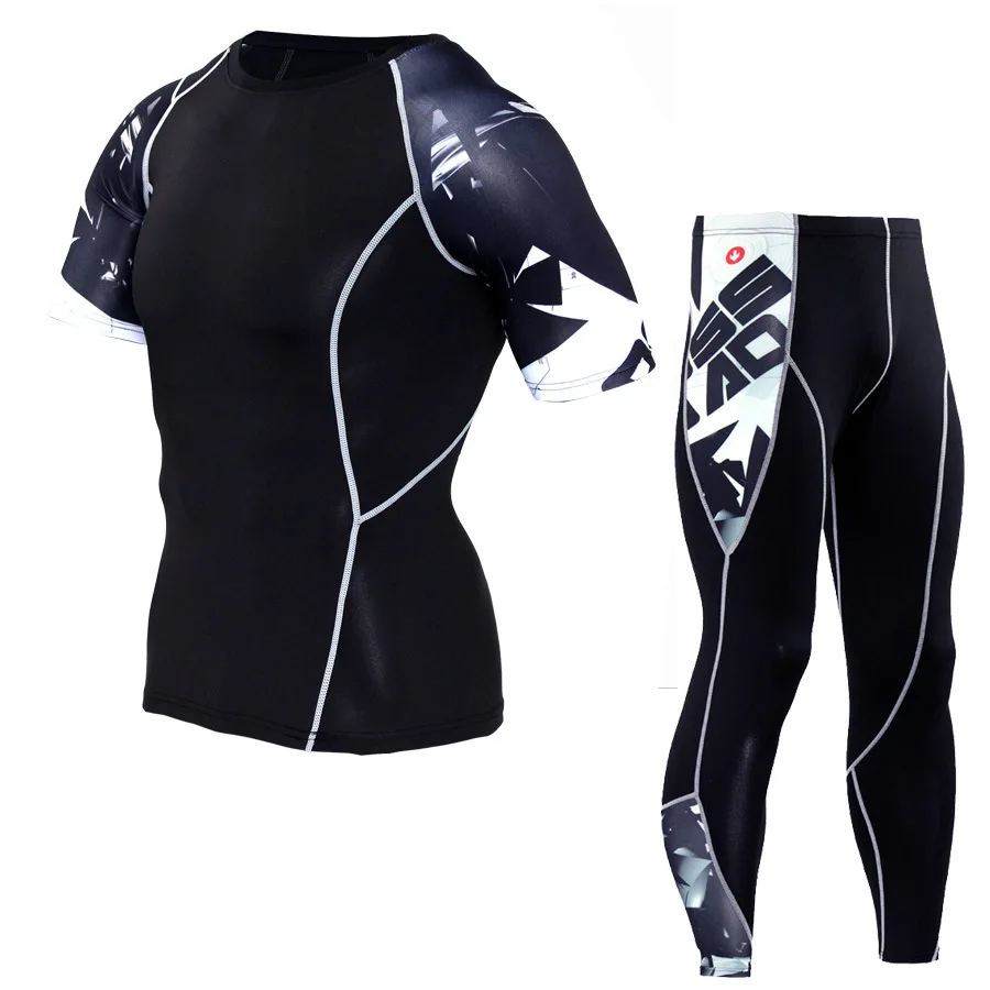 YANQIN Gyms Compression Clothing Sets Short Sleeve Tees Fitness Leggings Trendy Print Suits Training Exercise Plus Size 3XL | Спорт и