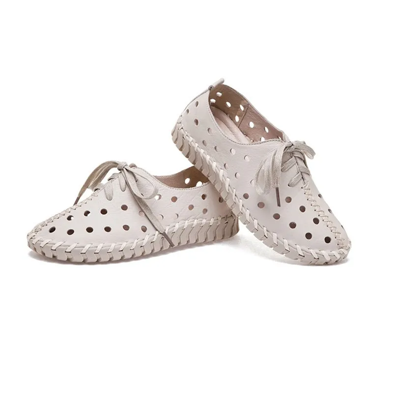 DRFARGO Summer Shoes Women Genuine Leather Loafers Hollow cutout Breathable Holes Soft Femme Chaussure Lace up Shoes 35-41 1605