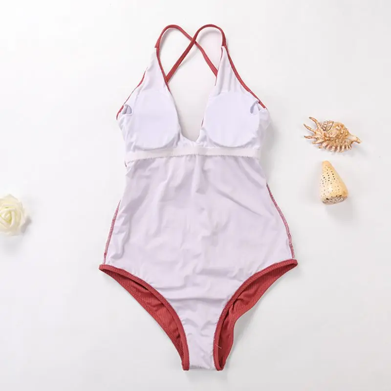 Women One Piece Bikini Plunging V-Neck Backless Monokini Hollow Out Cross Bandage Back Swimsuit Solid Color Thread Stripes Ruche | Женская