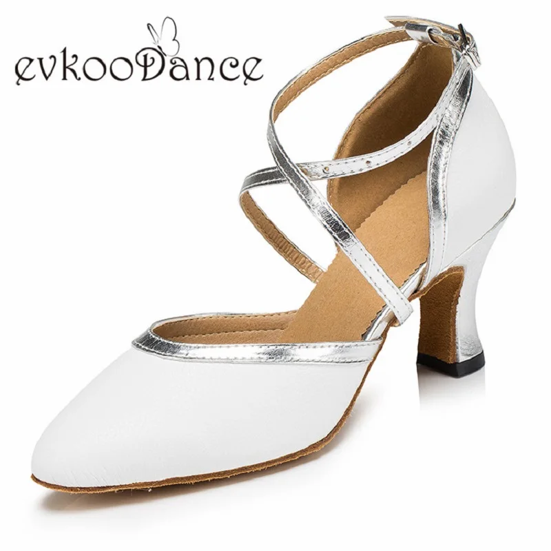 

Close Toe US 4-12 Dancing Shoes 6cm Height White Satin With Silver PU Soft Sole Comfortable Dance Shoes For Women NL205