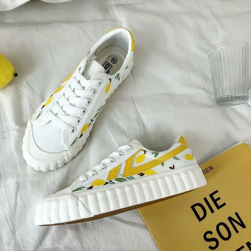 Удобная парусиновая обувь на шнуровке с принтом лимона Chaussures Femme Очаровательная
