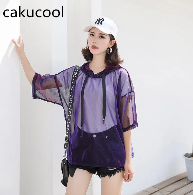 Cakucool Новая мода лето Лазерная перспектива для Женщин Половина рукава стенд