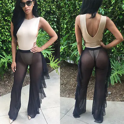 2017 Sexy Women Loose Stretch High Waist Wide Leg Long Pants Cotton Palazzo Trousers Look Through Mesh Summer Flare Pant | Женская