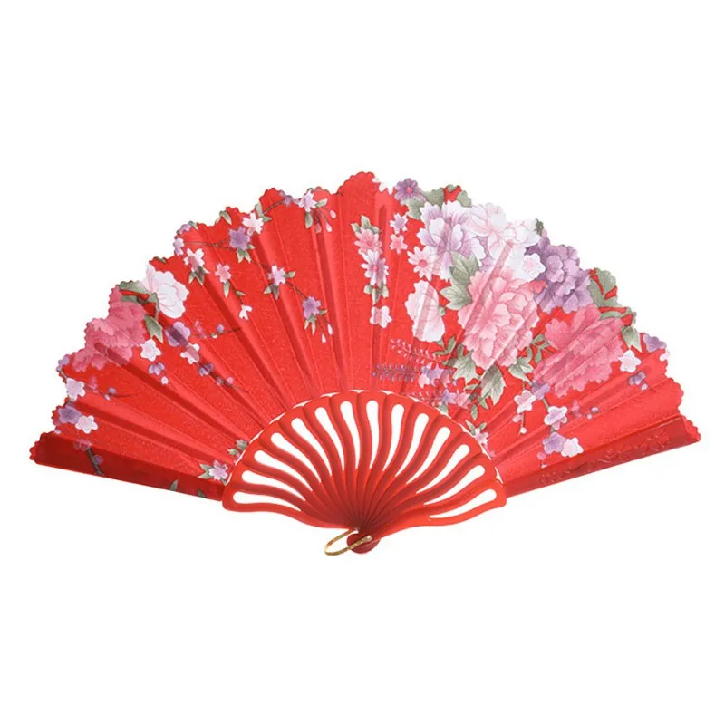 

Chinese Art Flower Folding Fan Satin Handheld Fan with Plastic Ribs Floral Decorative Folding Fan