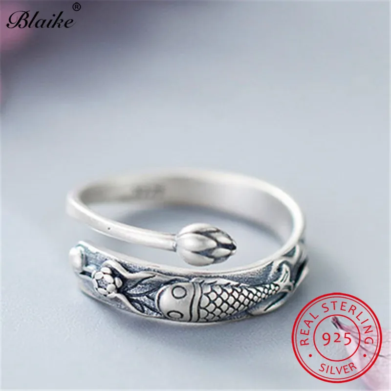 Античная 925 Серебряное кольцо Милая рыбка лотоса кольца для мужчин и женщин