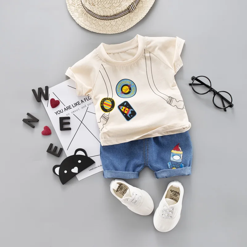 Rocket Boys Clothes Summer Clothing Set Short-Sleeve O-Neck T Shirt + Short Jeans Suit Children Outfit 1 2 3 4 Years | Детская одежда и