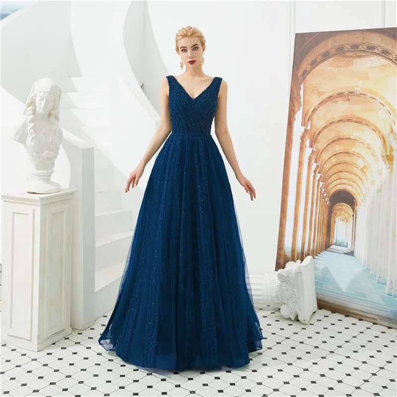 picture navy Vestidos De gala Largos Бисероплетение выходные платья без рукавов v-образным вырезом Вечерние платья в пол халаты De Soiree - Цвет: picture navy