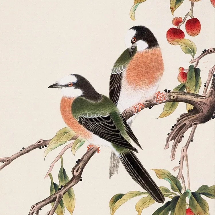 Картина на холсте в раме с изображением китайского шелкового акварельного цветка и птицы "Ориол" на фоне деревьев личи и личи.