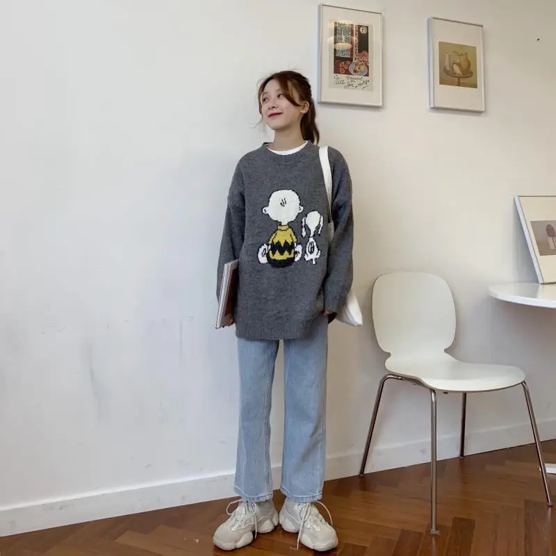 Корейская мода Kawaii мультфильм шаблон свитер женский Осень Зима o-образным вырезом свободный вязаный пуловер свитер размера плюс Трикотаж Топы