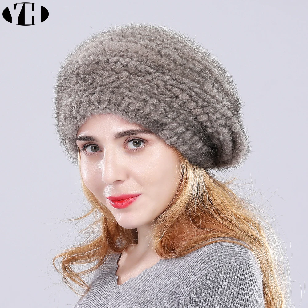 2019 new arrive women real mink fur Berets 100% handmade knit hat brand winter casual caps hot sale | Аксессуары для одежды