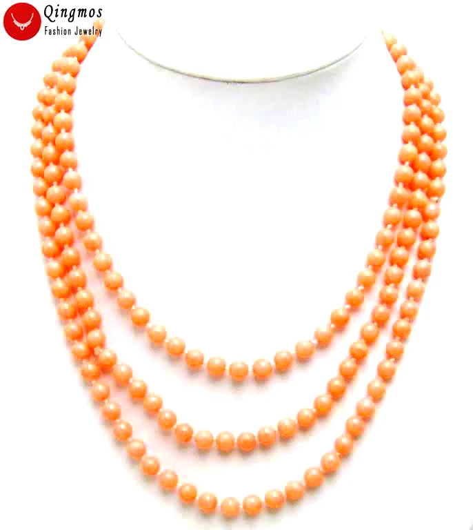 

Qingmos Natural Pink Round Coral Necklace for Women with Genuine 6mm Sea Coral Long Necklace 17-100" Choker Sweater Jewelry 5621