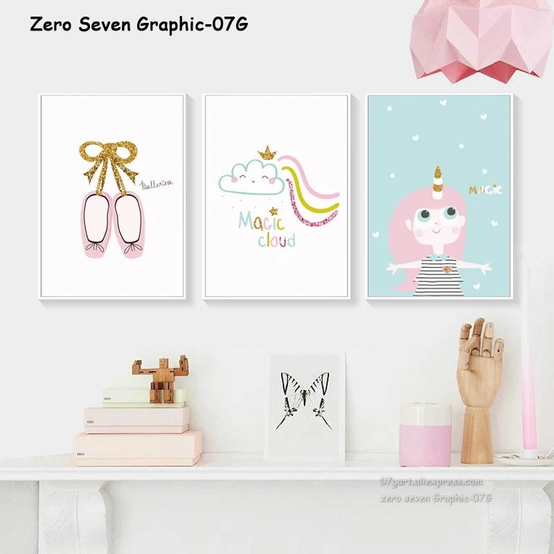 Canvas Printing Poster Dreamy Unicorn Mermaid Baby Girl Ballet Shoes Nursery Wall Art Pictures For Girl's Room Home Decoration | Дом и сад