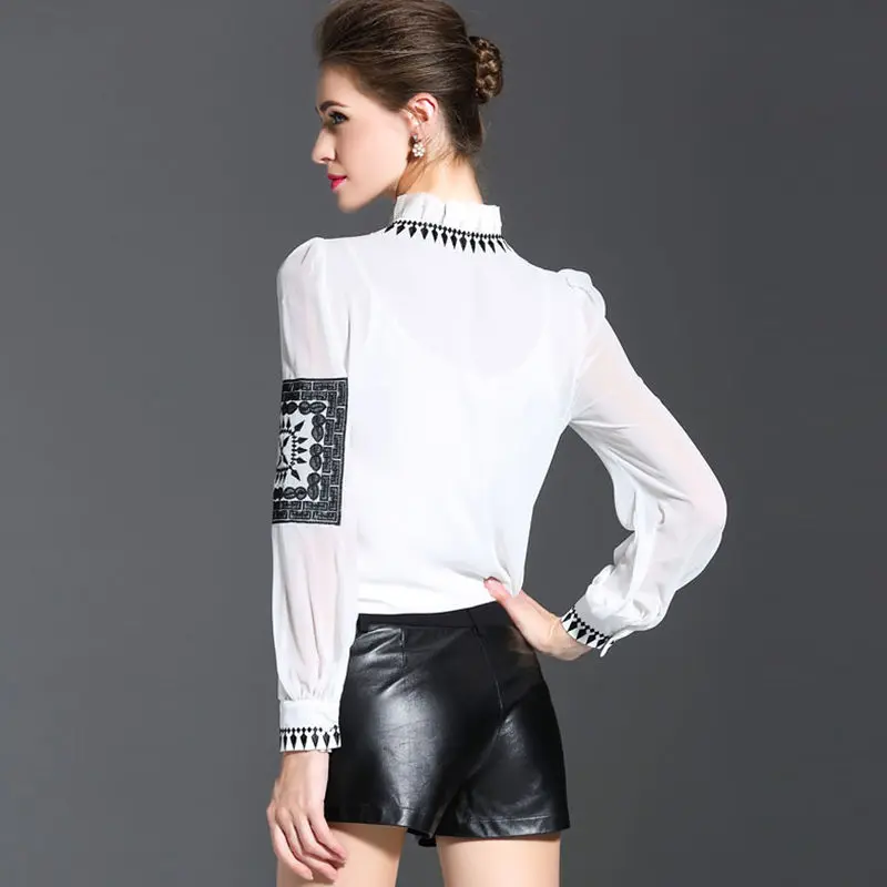 Женская рубашка с длинным рукавом на пуговицах вышивкой со стоячим воротником