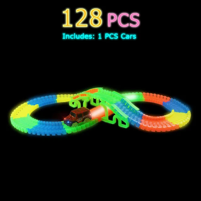 128 pcs with 1car Светящийся гоночный трек набор 5 светодиодный светильник трек тележка на колесах гибкий светящиеся треки игрушка 162/165/220/240 гоночной трассе гибкий ж/д светодиодный автомобиль - Цвет: 128 pcs with 1car