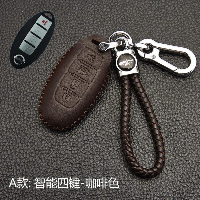 Кожаный чехол для ключей автомобиля UNON для Nissan Teana X-Trail Qashqai Livina Sylphy Tiida Sunny March Murano Geniss Juke Almera - Название цвета: 4key Coffee Rope