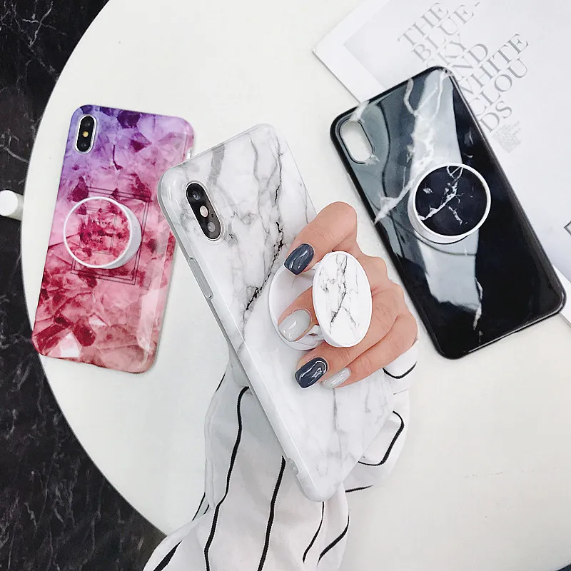 Глянцевый чехол для телефона с подставкой и мраморным рисунком iPhone 11 12 Mini Pro XS Max XR