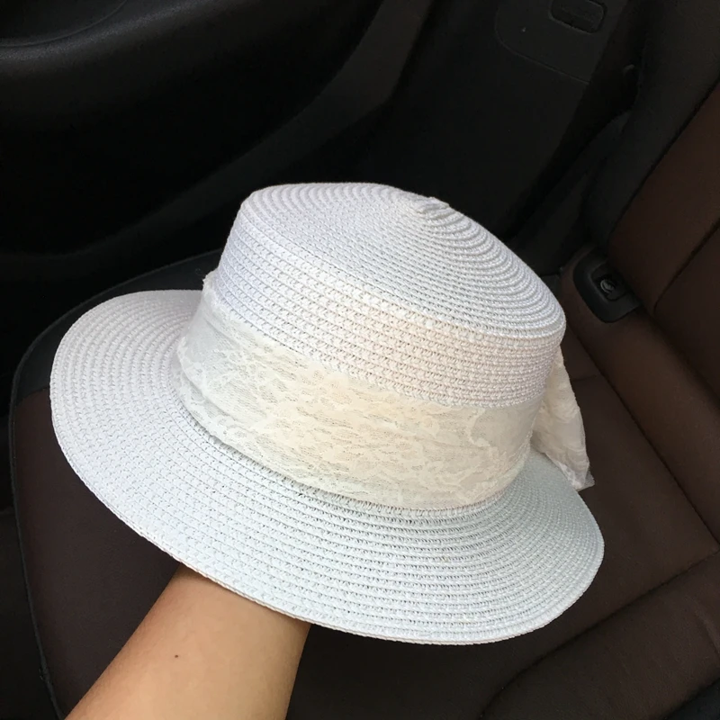 Летняя элегантная M кружевная белая плоская широкая шляпа затенение от солнца