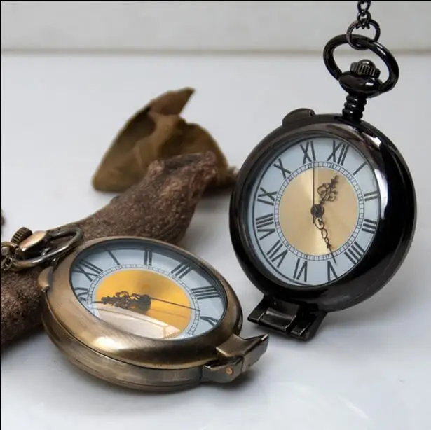 Online Reloj De Bolsillo Vintage De Bronce, Negro, Transparente, Cristal, Aumento, Números Romanos, Superficie Dorada, Collar, Regalo