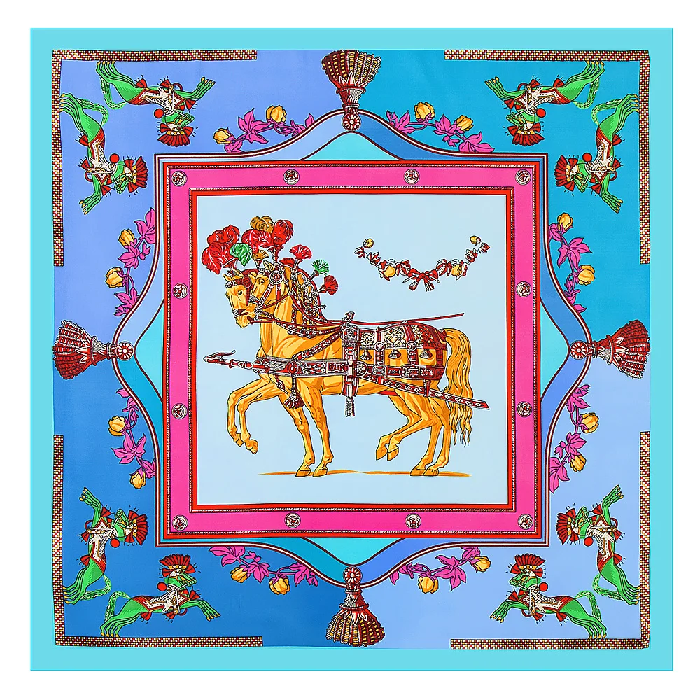 100% Silk Scarf Women Square Scarves 2019 Summer Euro Horses Printed Neckerchief Hijab Lady Bufandas Female Foulard 60X60cm | Аксессуары