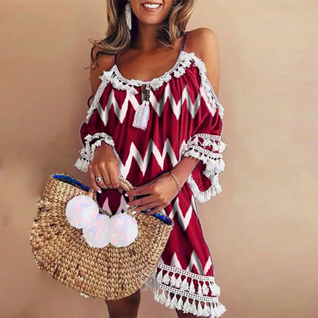 Женское богемное пляжное платье с принтом коктейльное открытыми плечами и