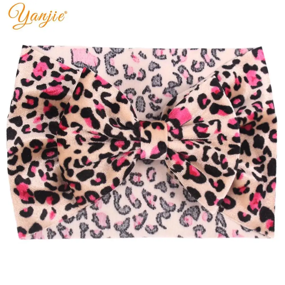 YANJIE Winter Leopard Velvet Solid 5&quot Hair Bows Headband For Girls Trendy Floral Bow Head Wrap Elastic Accessories Turban - купить по