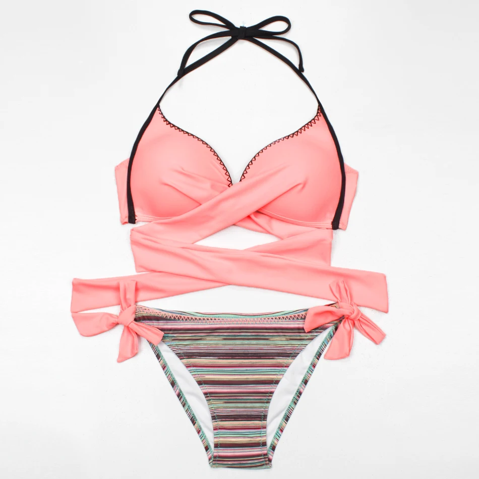Pink ESSV сексуальное бикини для женщин плавание костюм Push Up Одежда крест накрест бикини с перекрестной шнуровкой комплект пляжные ванный XXL - Цвет: Pink