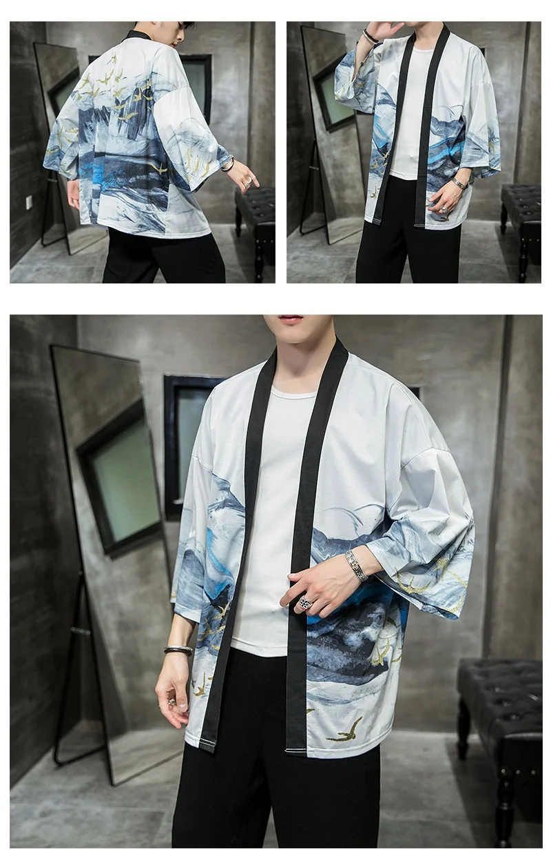 KUANGNAN Wild Goose Print Kimono Men Japanese Kimono Cardigan Harajuku Kimono Shirt Men Streetwear Hawaiian Shirt Men