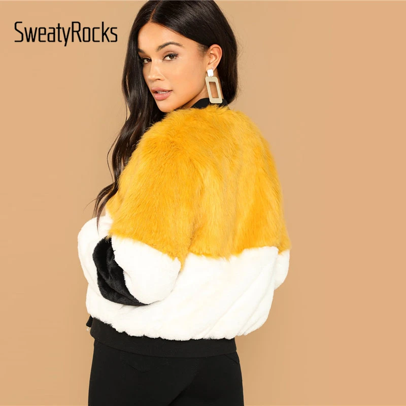 SweatyRocks, элегантное разноцветное пальто из искусственного меха с длинным рукавом, на молнии, уличная одежда, Короткие топы,, осенне-зимние женские пальто