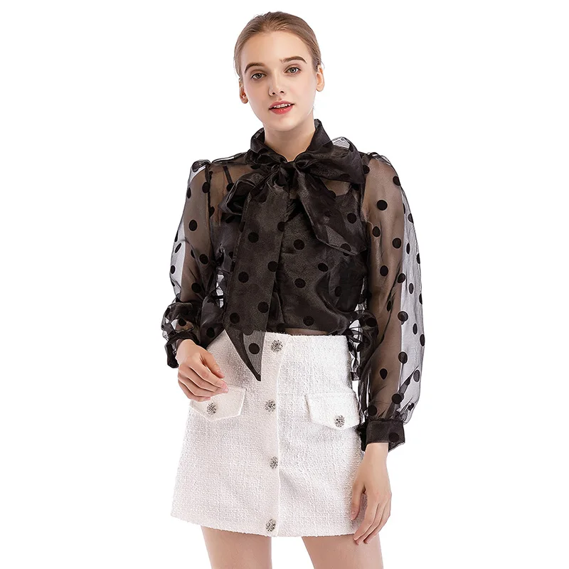 black Only Plus новая блуза из органзы с бантом на шее, Свободная блуза в горошек, модные белые прозрачные топы - Цвет: black