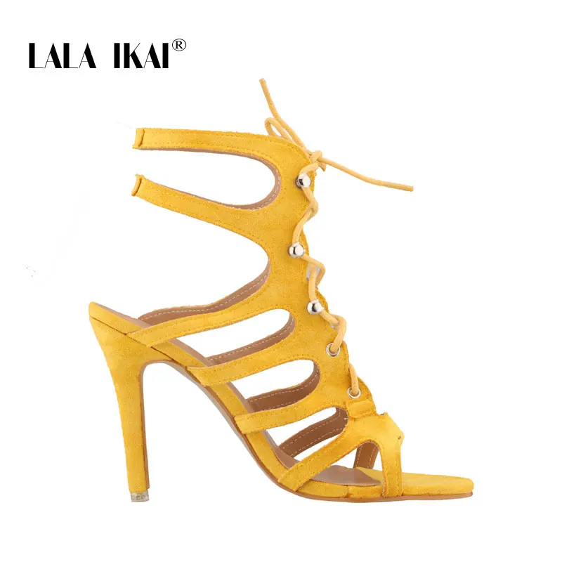 Yellow LALA IKAI/женские босоножки, коллекция года, летние туфли на высоком каблуке с вырезами для вечеринок, женские босоножки на тонком каблуке со шнуровкой, sapato feminino 014C3816-4 - Цвет: Yellow
