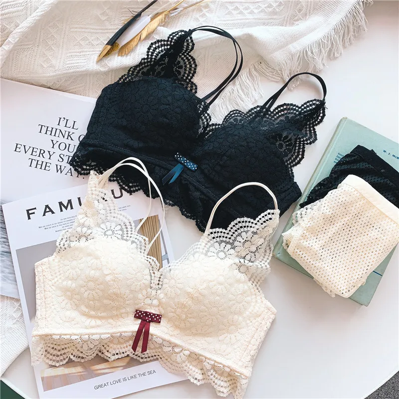 Милый кружевной бюстгальтер трусы набор для женщин пуш ап нижнее белье трусики