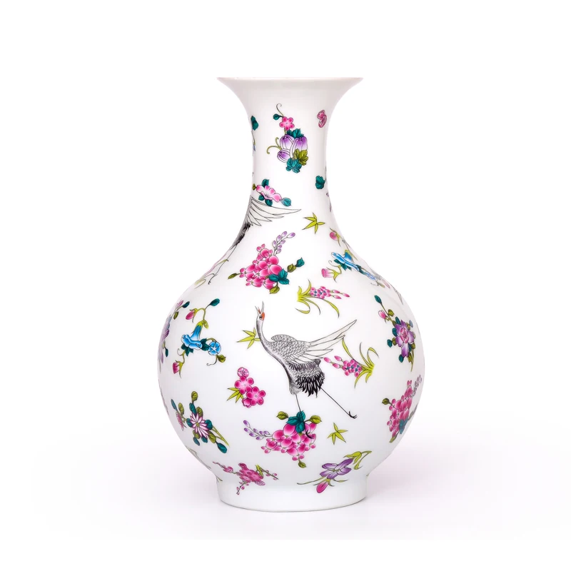 

Antique Jingdezhen Luminous Flower Vase Flowers and Bird Patterns Ceramic Table Vase Porcelain Living Room Decoration Crafts