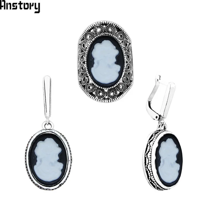 Earring Ring Set Lady Queen Cameo Jewelry Sets Vintage Necklace Earrings Ring For Women Flower Pendant Fashion Party Fashion Jewelry - Окраска металла: Earring Ring Set