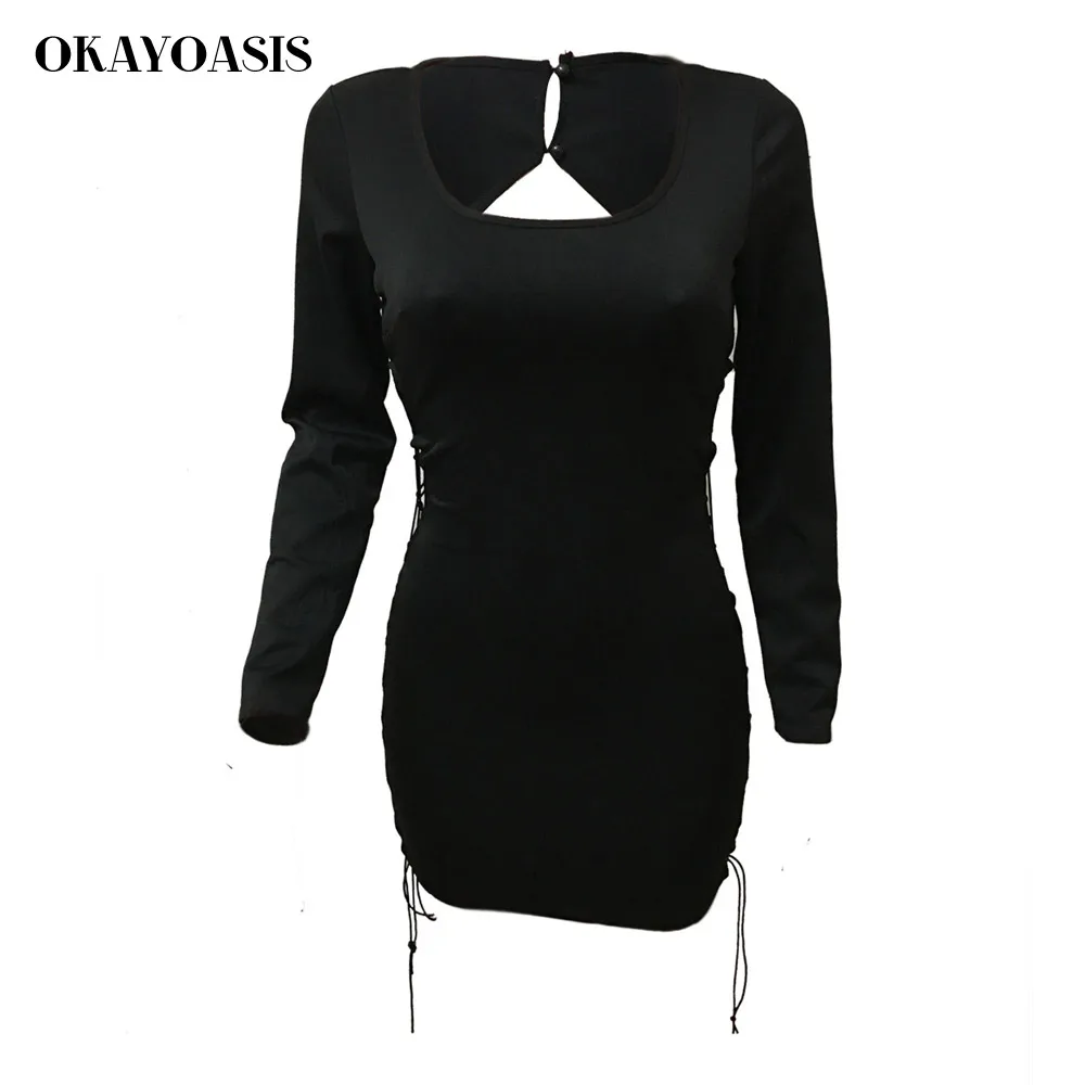 OKAYOASIS Drop Shipping 2018 Women New Lace Up Bandage Dress Long Sleeve Sexy Hollow Out Autumn Club | Женская одежда
