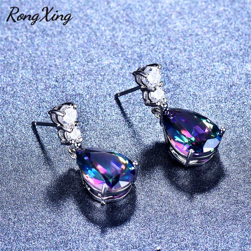 Женские серьги капли RongXing серебристые многоцветные циркониевые подвески с