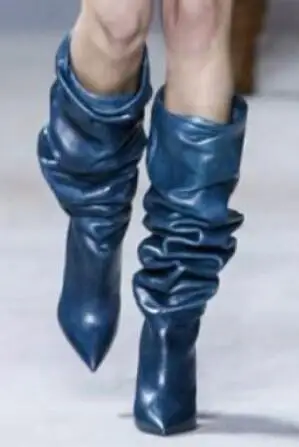 

Женские ботинки на высоком каблуке, черные/коричневые/синие ботинки с острым носком, со складками, на тонком каблуке, до колена, для весны и о...