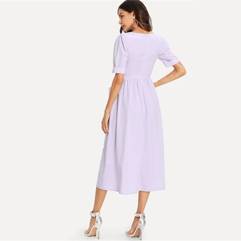 Dotfashion/платье с пышными рукавами и карманами на пуговицах, женская одежда, повседневное летнее платье-рубашка с квадратным вырезом и высокой талией