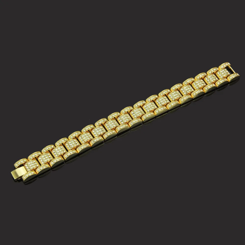 Хип хоп Полный AAA CZ камень инкрустированный Bling Iced Out раппер браслет золотой серебряный цвет часы группа звено цепи браслеты для мужчин ювелирные изделия