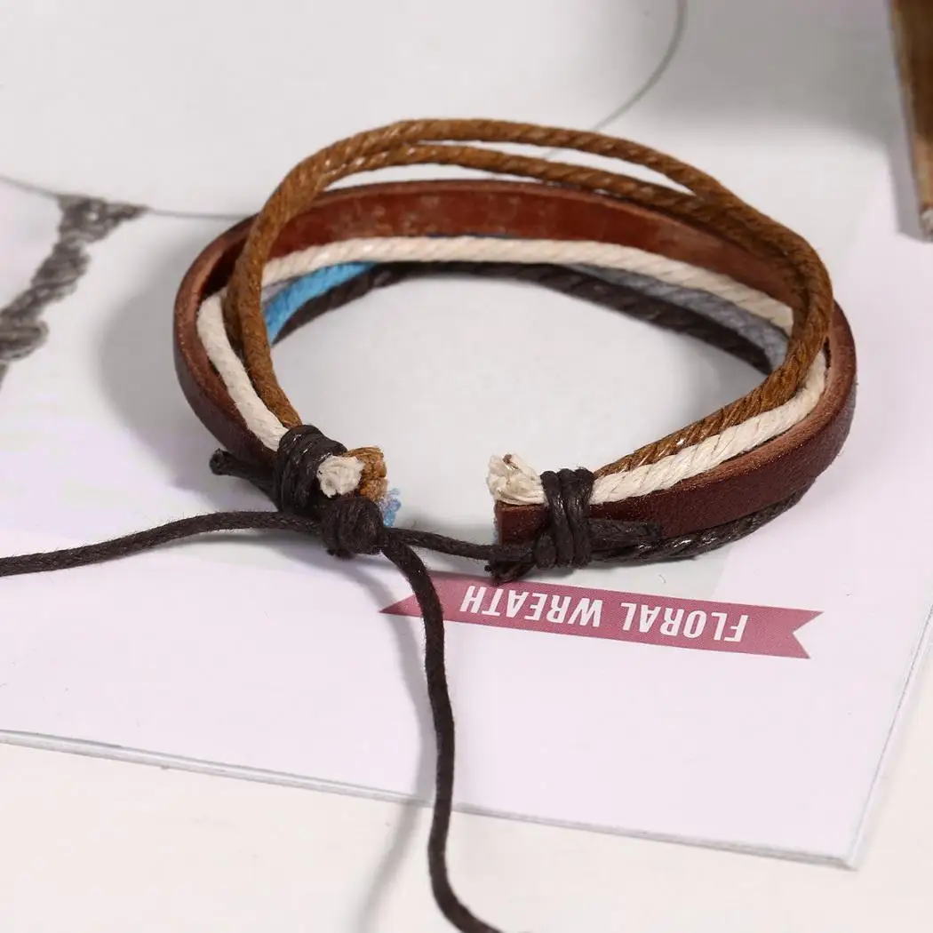 layer Adjustable Multilayer Unisex Casual Composite Cuff Wristband Braided Rope Artificial Bracelet Charm multi Wax Leather | Украшения и