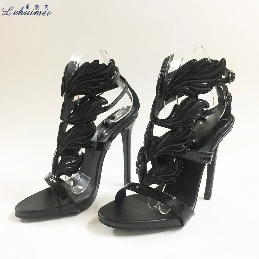 

New Arrival Hot sell women high heel sandals ALL Black leaf flame gladiator sandal shoes party dress shoe woman patent leather