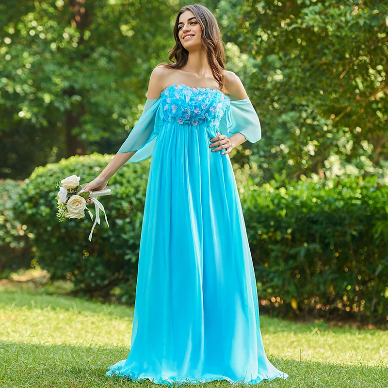 Платье для подружки невесты без бретелек голубое с аппликацией|custom bridesmaid