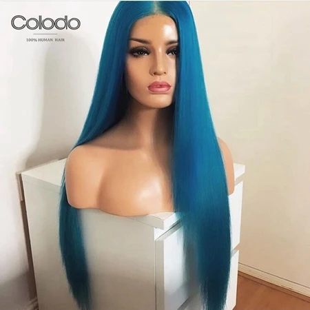 COLODO Straight Lace Front Wig With Baby Hair Blue Color Remy Brazilian Preplucked Full Lace Human Hair Wigs For Black Women - Hair Color: Blue Color