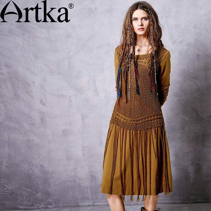 ARTKA осеннее женское платье с кисточками богемное для женщин длинным рукавом