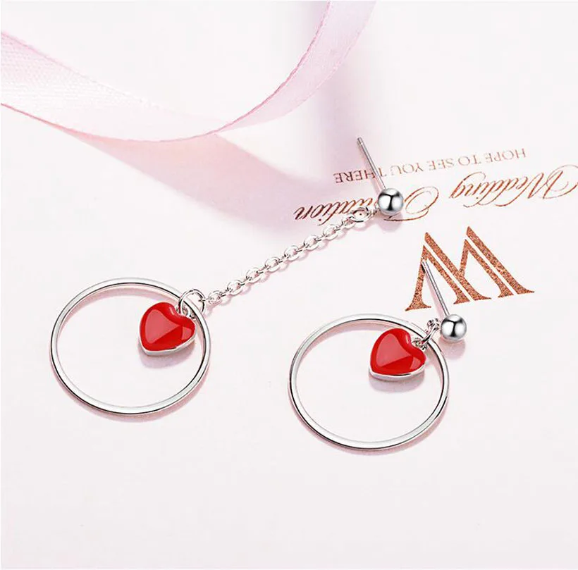 

Women Fashion 925 Silver Red Heart Enamel Round Drop Asymmetry Stud Earrings For Girls Female Sweet Party Earrings Jewelry ED043